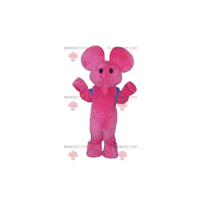 Růžový slon maskot s modrou školní tašku - Redbrokoly.com