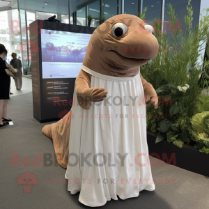 Brown Humpback Whale mascot costume character dressed with a Wedding Dress and Eyeglasses