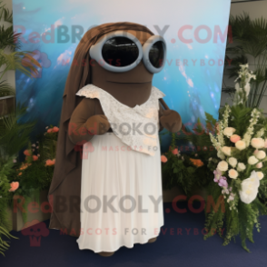 Brown Humpback Whale mascot costume character dressed with a Wedding Dress and Eyeglasses