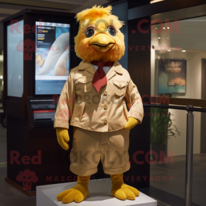 Gold Chicken mascot costume character dressed with a Cargo Pants and Tie pins