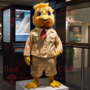 Gold Chicken mascot costume character dressed with a Cargo Pants and Tie pins