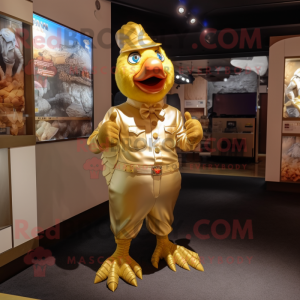 Gold Chicken mascot costume character dressed with a Cargo Pants and Tie pins