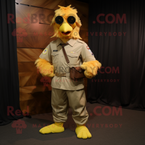 Gold Chicken mascot costume character dressed with a Cargo Pants and Tie pins