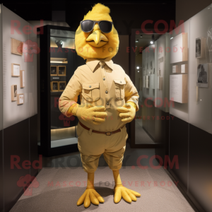 Gold Chicken mascot costume character dressed with a Cargo Pants and Tie pins