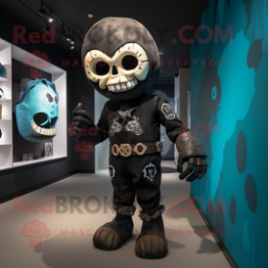 Black Skull mascot costume character dressed with a Romper and Belts