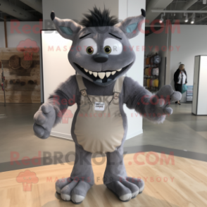 Gray Demon mascot costume character dressed with a Overalls and Bow ties