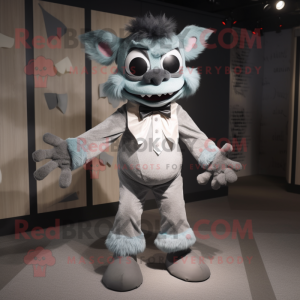 Gray Demon mascot costume character dressed with a Overalls and Bow ties