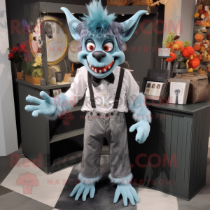 Gray Demon mascot costume character dressed with a Overalls and Bow ties