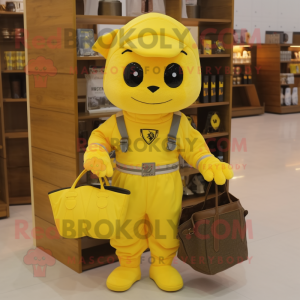 Yellow Air Force Soldier mascot costume character dressed with a Sweater and Tote bags