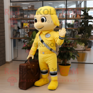 Yellow Air Force Soldier mascot costume character dressed with a Sweater and Tote bags