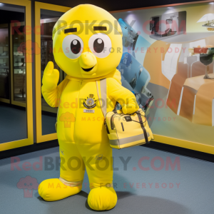 Yellow Air Force Soldier mascot costume character dressed with a Sweater and Tote bags