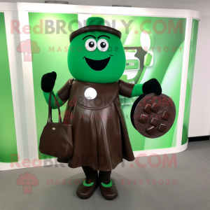 Forest Green Chocolate Bars mascot costume character dressed with a Circle Skirt and Briefcases