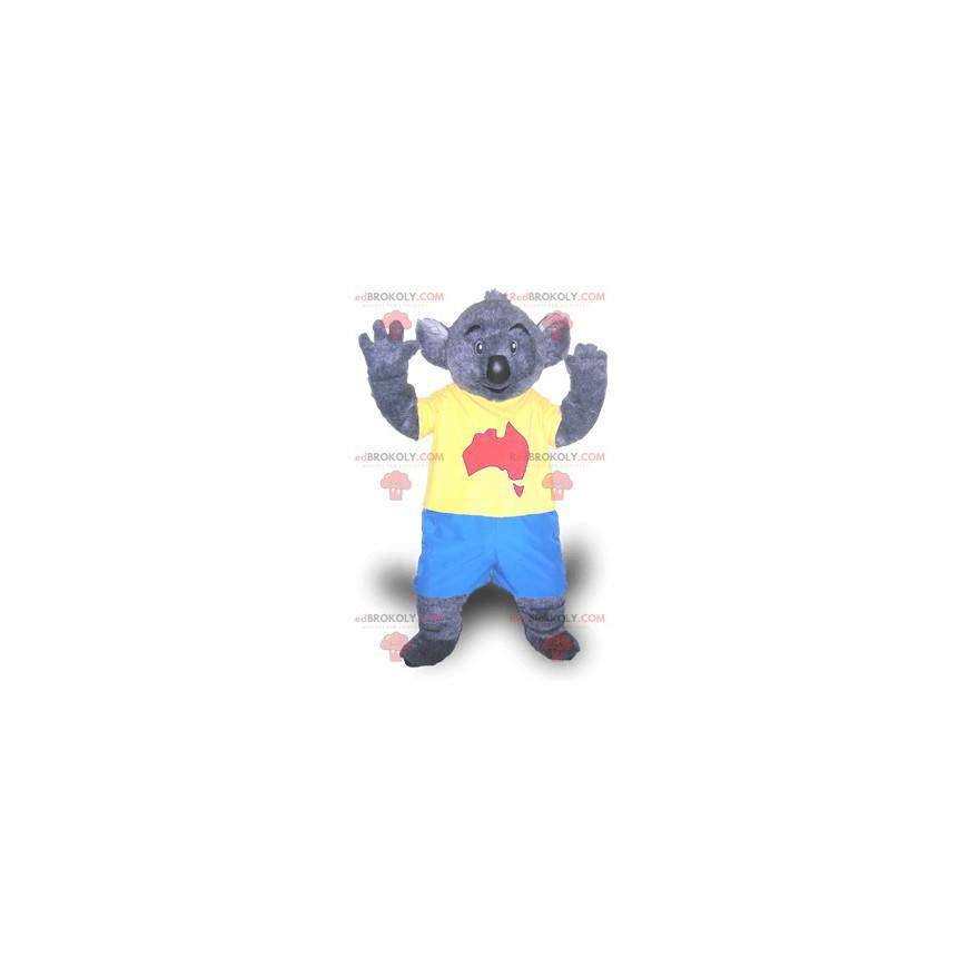 Gray koala mascot in blue and yellow outfit - Redbrokoly.com