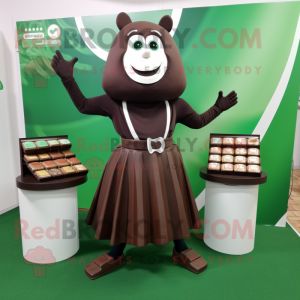 Forest Green Chocolate Bars mascot costume character dressed with a Circle Skirt and Briefcases
