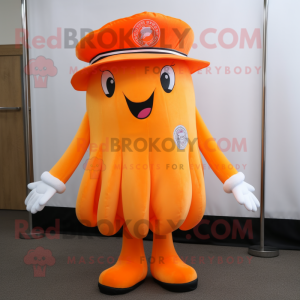 Orange Jellyfish mascot costume character dressed with a Capri Pants and Hat pins