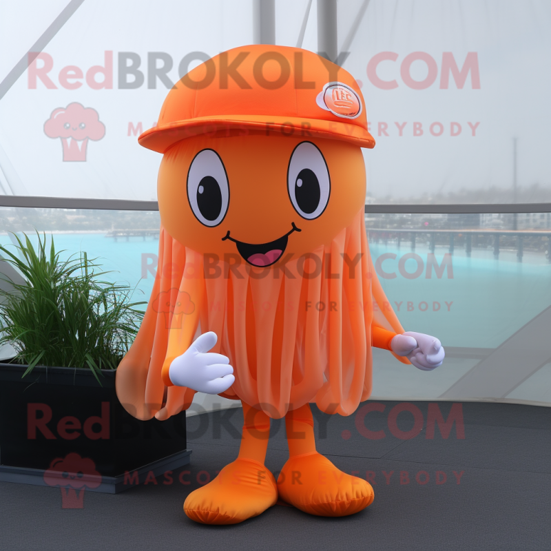 Orange Jellyfish mascot costume character dressed with a Capri Pants and Hat pins