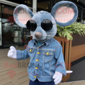 Sky Blue Mouse mascot costume character dressed with a Denim Shirt and Sunglasses