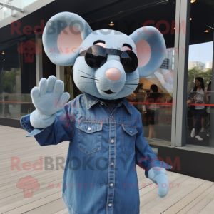 Sky Blue Mouse mascot costume character dressed with a Denim Shirt and Sunglasses