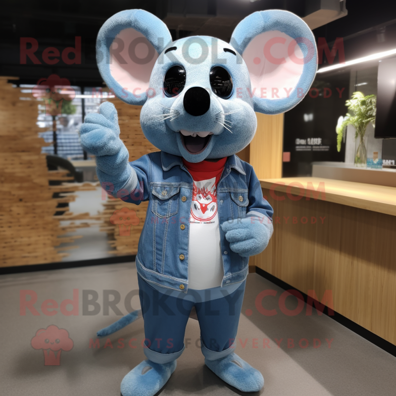 Sky Blue Mouse mascot costume character dressed with a Denim Shirt and Sunglasses