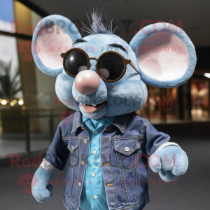Sky Blue Mouse mascot costume character dressed with a Denim Shirt and Sunglasses