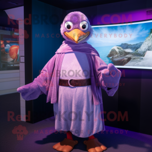 Purple Gull mascot costume character dressed with a Cover-up and Gloves