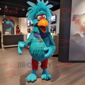 Turquoise Rooster mascot costume character dressed with a Suit Pants and Beanies