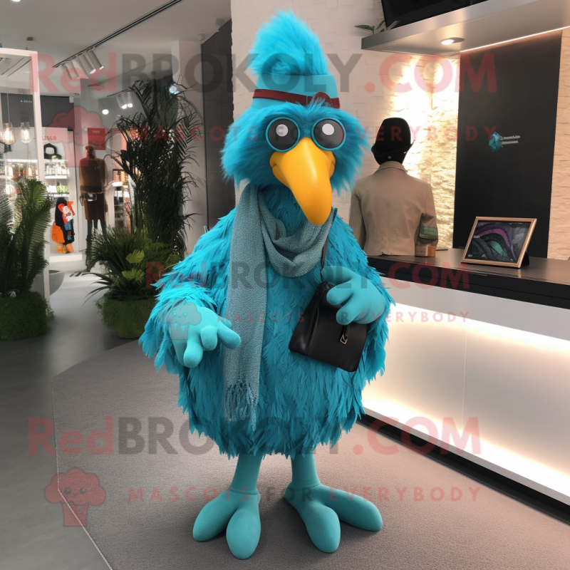 Turquoise Rooster mascot costume character dressed with a Suit Pants and Beanies