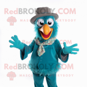 Turquoise Rooster mascot costume character dressed with a Suit Pants and Beanies