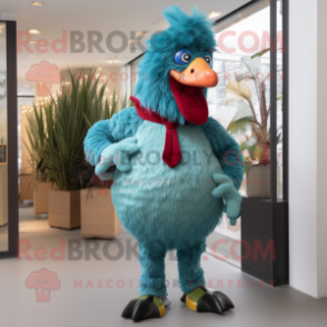 Turquoise Rooster mascot costume character dressed with a Suit Pants and Beanies