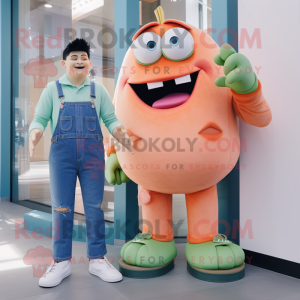 Peach Frankenstein mascot costume character dressed with a Boyfriend Jeans and Cufflinks