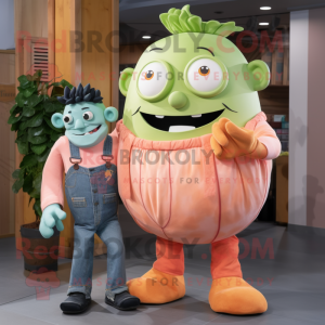 Peach Frankenstein mascot costume character dressed with a Boyfriend Jeans and Cufflinks