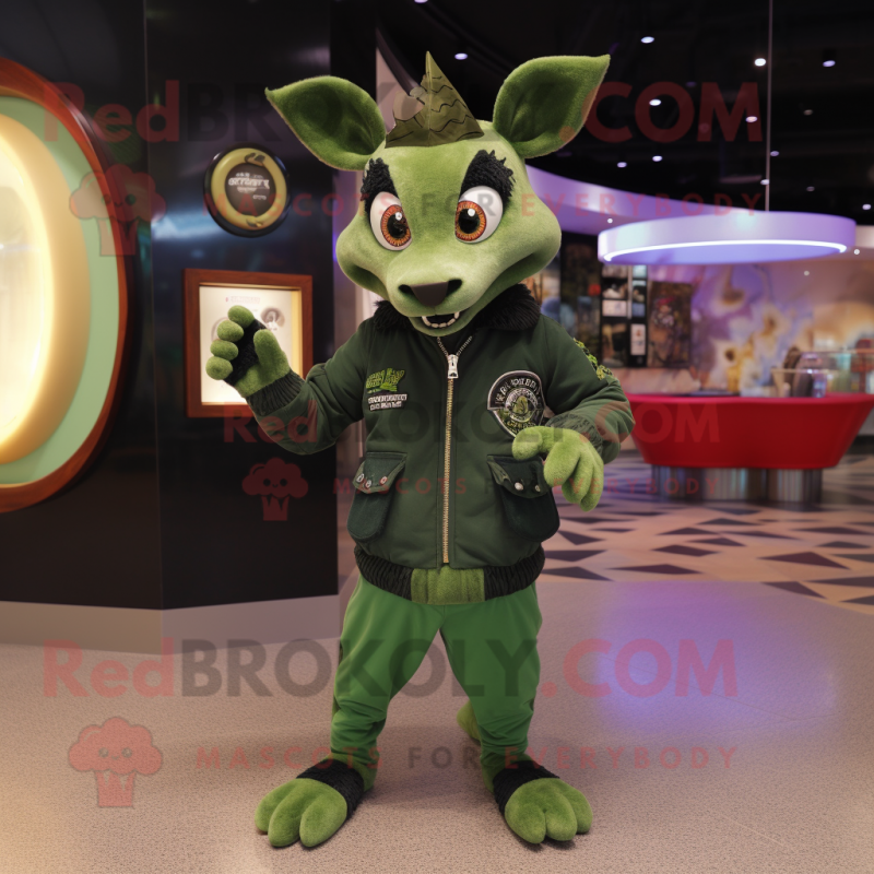 Green Chupacabra mascot costume character dressed with a Bomber Jacket and Coin purses Green Chupacabra mascot costume character dressed with a Bomber Jacket and Coin purses