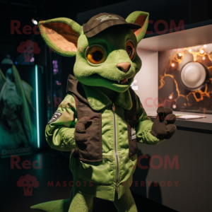 Green Chupacabra mascot costume character dressed with a Bomber Jacket and Coin purses