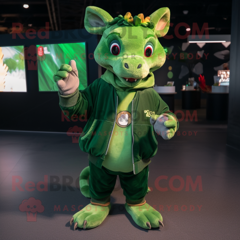 Green Chupacabra mascot costume character dressed with a Bomber Jacket and Coin purses