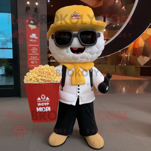 nan Pop Corn mascot costume character dressed with a Jacket and Messenger bags