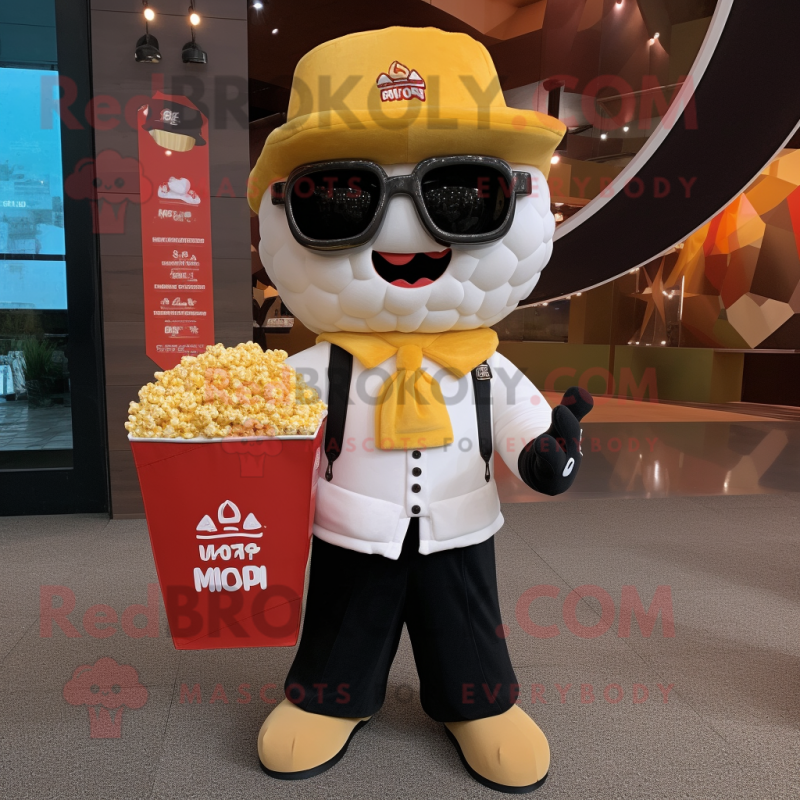 nan Pop Corn mascot costume character dressed with a Jacket and Messenger bags nan Pop Corn mascot costume character dressed with a Jacket and Messenger bags
