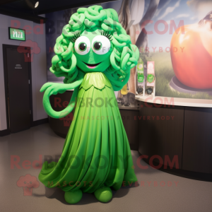 Green Medusa mascot costume character dressed with a Maxi Skirt and Keychains