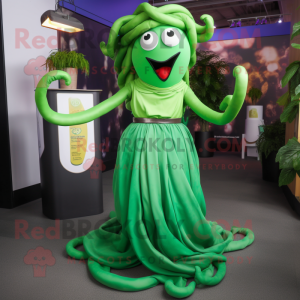 Green Medusa mascot costume character dressed with a Maxi Skirt and Keychains