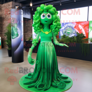 Green Medusa mascot costume character dressed with a Maxi Skirt and Keychains