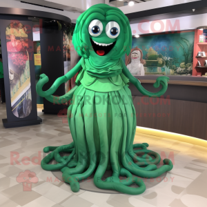 Green Medusa mascot costume character dressed with a Maxi Skirt and Keychains