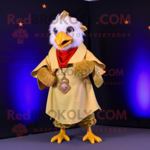 Gold Chicken mascot costume character dressed with a Bermuda Shorts and Shawl pins