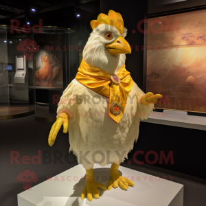 Gold Chicken mascot costume character dressed with a Bermuda Shorts and Shawl pins