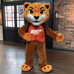 Rust Jaguar mascot costume character dressed with a Waistcoat and Shoe clips