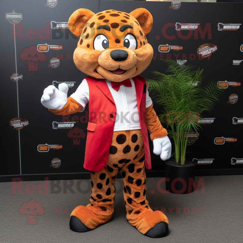 Rust Jaguar mascot costume character dressed with a Waistcoat and Shoe clips