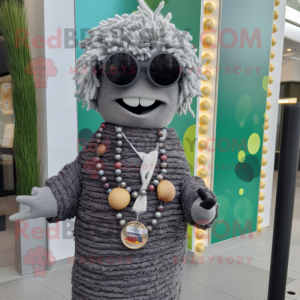 Gray Burgers mascot costume character dressed with a Cardigan and Necklaces