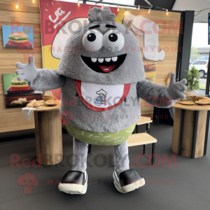 Gray Burgers mascot costume character dressed with a Cardigan and Necklaces