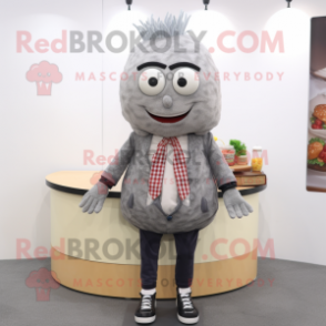 Gray Burgers mascot costume character dressed with a Cardigan and Necklaces