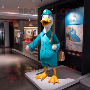 Turquoise Muscovy Duck mascot costume character dressed with a One-Piece Swimsuit and Messenger bags