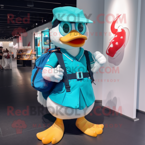 Turquoise Muscovy Duck mascot costume character dressed with a One-Piece Swimsuit and Messenger bags