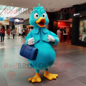 Turquoise Muscovy Duck mascot costume character dressed with a One-Piece Swimsuit and Messenger bags